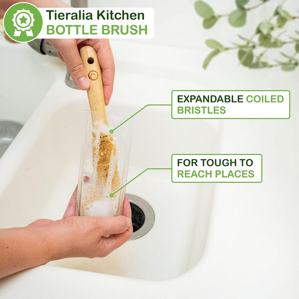 Tieralia Bamboo Dish Brush Gift Set – 5-Piece Kitchen Cleaning Bundle with Bottle Brush, Palm Brush, Scrub Brush & Sponge Pads | Elegant Wood Handles, Scratch-Safe Bristles, Giftable Packaging