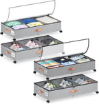 Under Bed Storage with Wheels, 4 Pack Under Bed Storage Container with Dividers & Clear Lids, Under the bed storage Organizer Bins,Underbed Storage with Wheels for Clothes,Toys,Shoes (GREY)