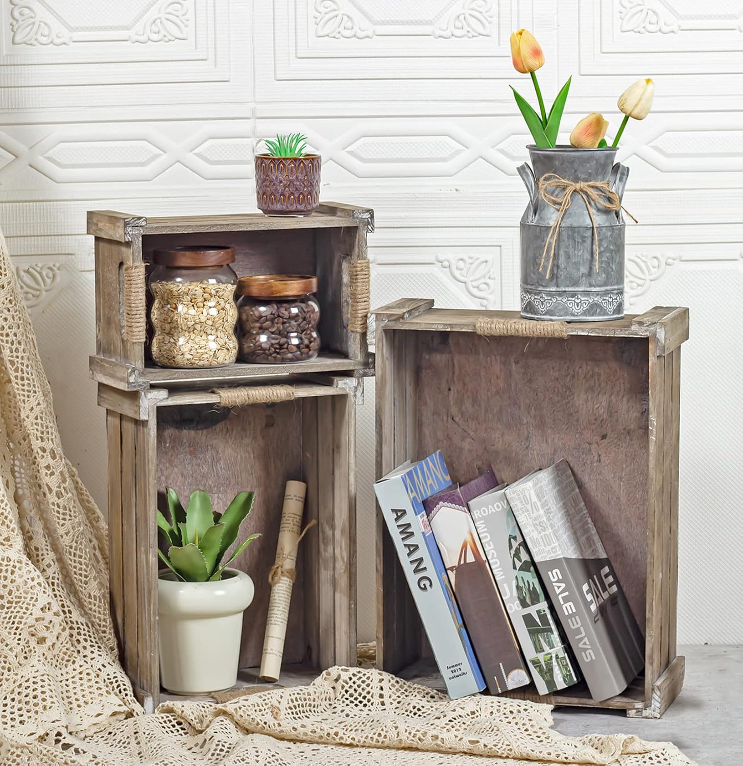 TIMRIS Set of 3 Rustic Wood Nesting Crates, Farmhouse Wooden Storage Container Boxes with Cutout Handles, Decorative Wooden Baskets for Display (Rustic Gray)