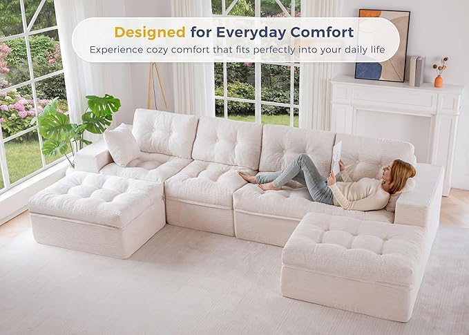 MAXYOYO 132" U Shaped Modular Sectional Sofa with 2 Ottomans, Cloud Boneless Couch with Layered Cushion, Flexible Module Combination Sofa for Living Room, No Assembly Required, Beige
