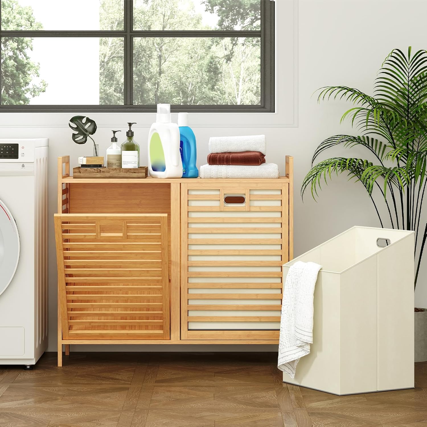 Giantex Tilt Out Laundry Hamper, 20 Gal Bamboo Laundry Storage Cabinet with 2 Removable & Foldable Fabric Bins, Top Shelf, Pull Out Laundry Basket Organizer for Bathroom, Living Room, Bedroom