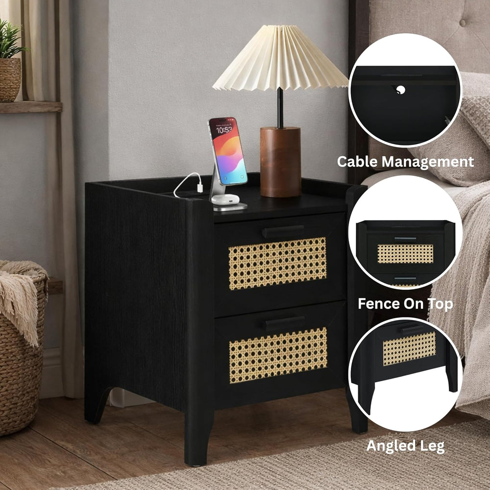 ELISA HOME Rattan-Inspired 2 Drawer Nightstand with Charging Station, Bedside...
