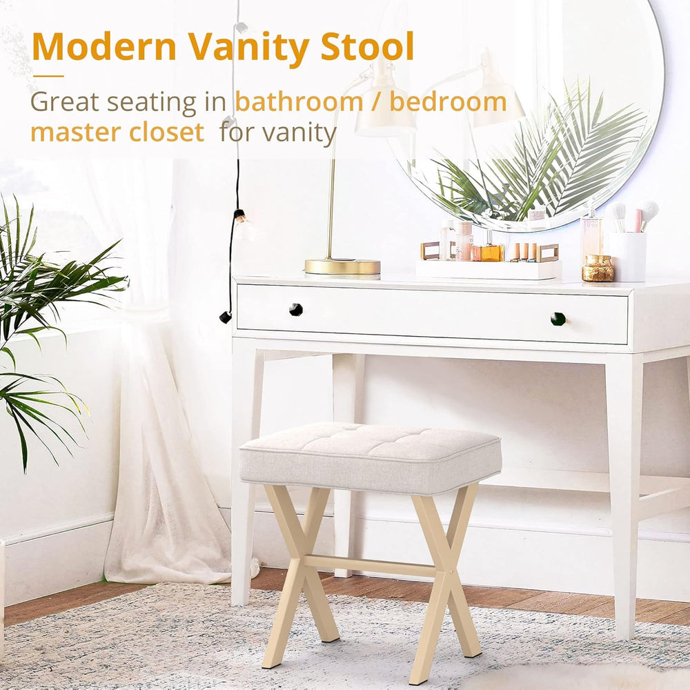 LUE BONA Square Linen Makeup Stool, Metal X Legs, Small Ottoman Stool Chair f...