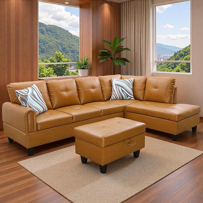 Sectional Couches for Living Room with Movable Chaise & Storage Ottoman - 97.5" Leather L Shaped Couches for Living Room Apartment, 4 Seat Home Furniture Modular Sectional Sofas, Orange