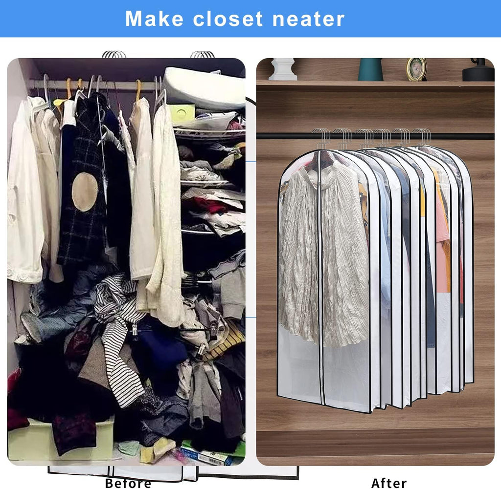 MsKitchen Hanging Clothes Storage with 4" Gusseted Garment Covers (Set of 6) - Clear Suit, Gown, Long Coat, Dress Protectors for Closet - 24"x 50"x 4" / 6 Pack