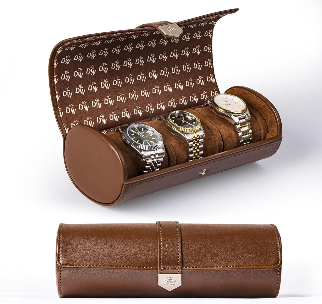DUKWIN Watch Roll for 3 Watches, Vegan Leather Travel Watch Case Organizer with Removable Pillows for Men and Women,Display Case for Watches Collection and Gift for Anniversary Birthday(Brown Storage)