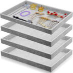 4 Pack Gray Velvet Stackable Jewelry Tray Showcase Display - 13.78 x 9.45 x 1.18 Inch, Stackable Necklace Bracelet Ring Showcase Display Empty Plate for Necklace Earring Ring Bracelet