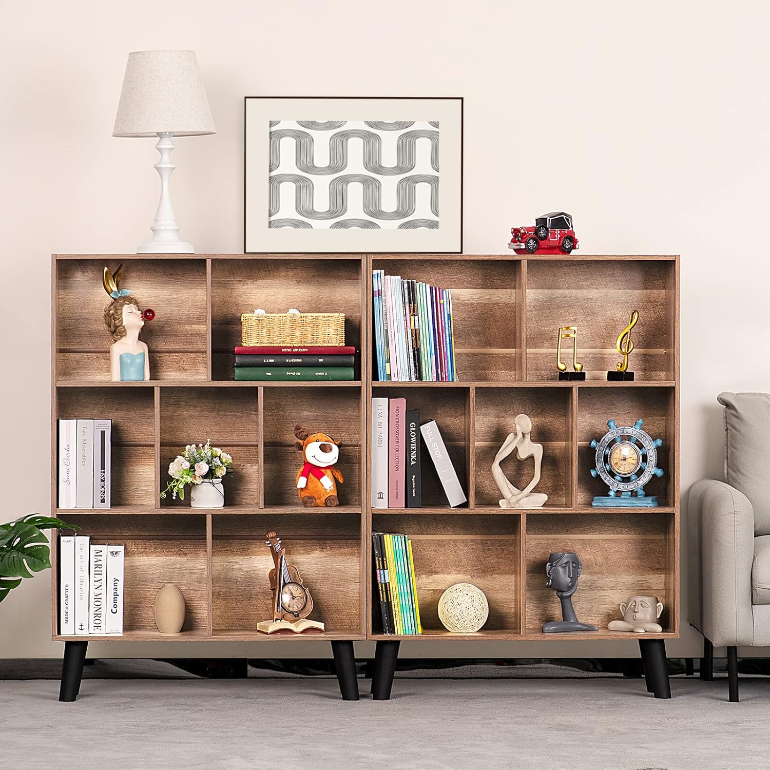 LEYAOYAO 7 Cube Bookshelf 3 Tier Modern Bookcase with Legs,Wood Book Shelves Storage Organizer Shelf,Free Standing Bookcases,Oak Display Bookshelves