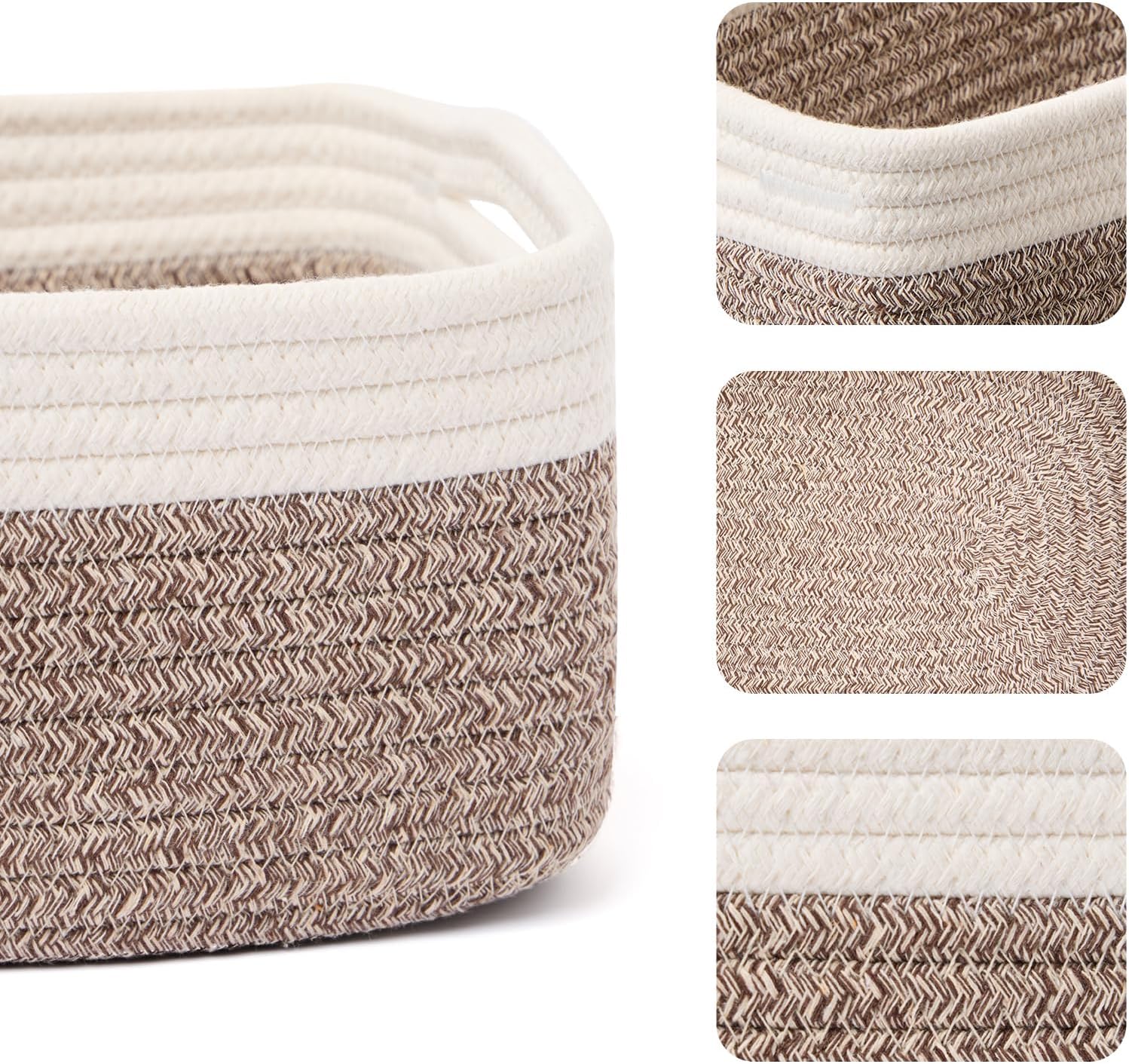 Small Storage Baskets for Organizing | Closet Organizer Bins | Shelf Toy Basket | Woven Rope Baskets | Cube Decorative Box | Shallow Basket | 13x8.5x5.1” | 3 Packs White Brown