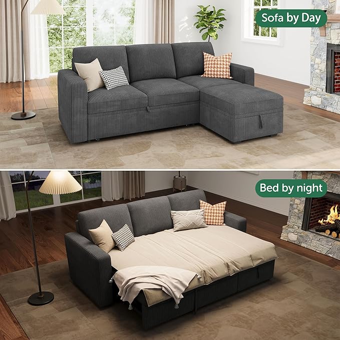 HONBAY Modular Sectional Sleeper Sofa with Pull Out Bed, L Shaped Sofa with Storage, Modular Sectional Couches for Living Room, Dark Grey