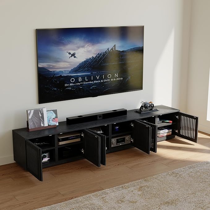 POVISON Mid Century Modern Wood Slatted TV Stand with LED Lights, Media Console for 85+ Inch TV, Entertainment Center with Storage Cabinet for Living Room, Fully-Assembled (Black, 94.5")