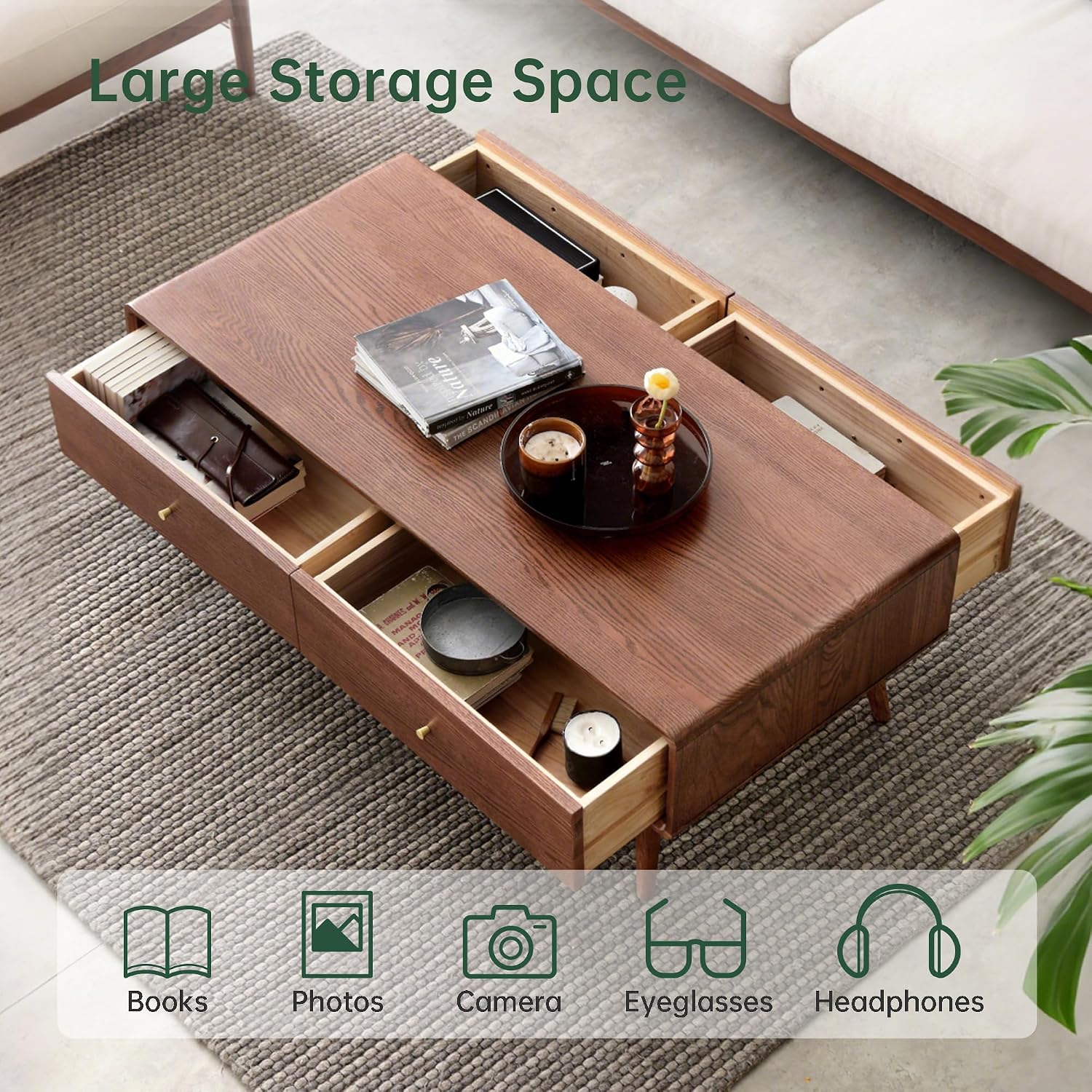 47.24" Solid Wood Coffee Table with Large Storage for Living Room, Oak Coffee Table with 4 Drawers, Mid-Century Modern Coffee Tables for Home (Walnut Color)