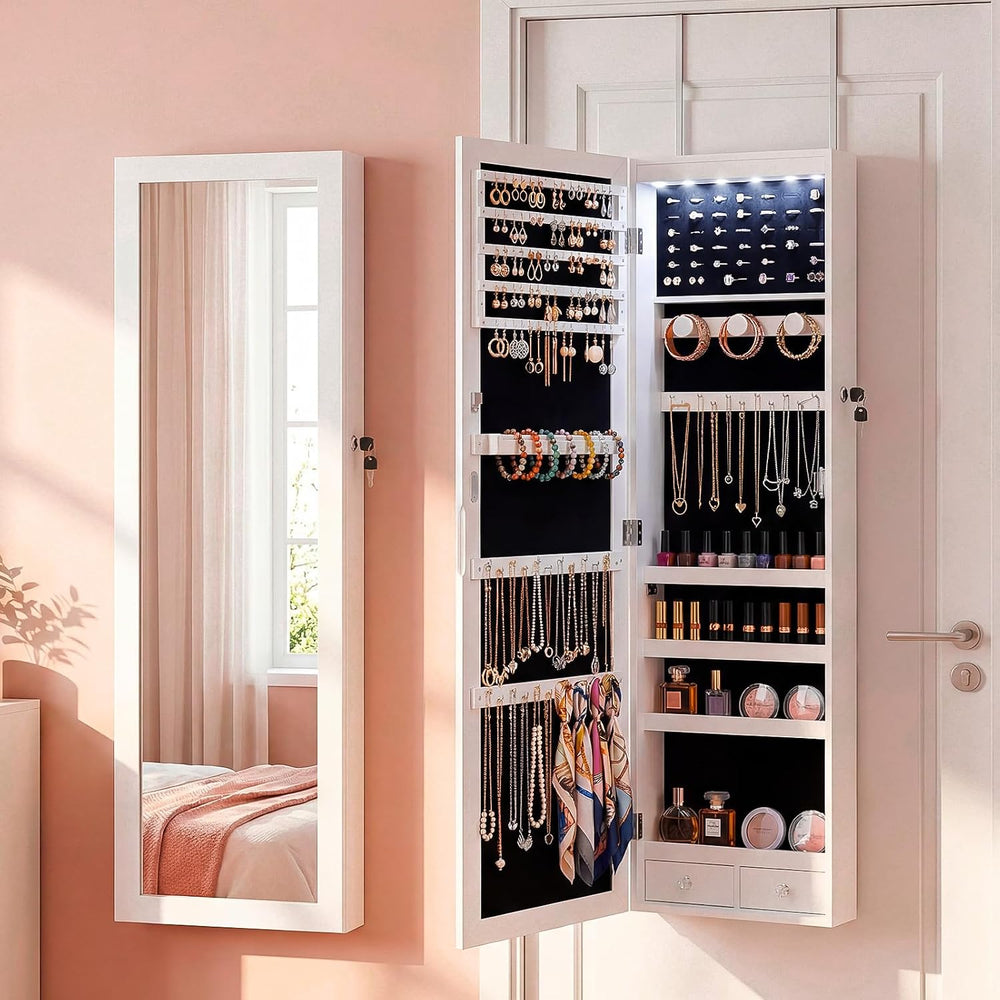 Antok 6 LEDs Jewelry Cabinet with Lock, 50" Full Length Mirror Wall Moun...