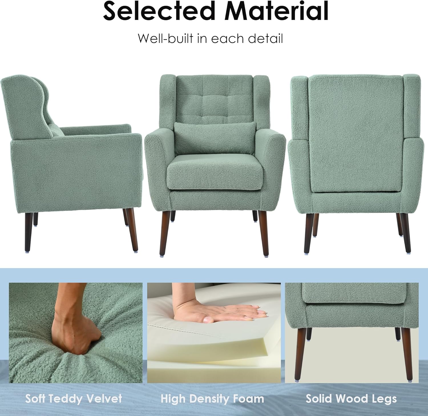 Dolonm Accent Chair for Living Room, Mid-Century Arm Chair, Comfy Upholstered Reading Armchair with Pillow Backrest for Bedroom, Mordern Lounge Chair Solid Wood Leg (Light Green)