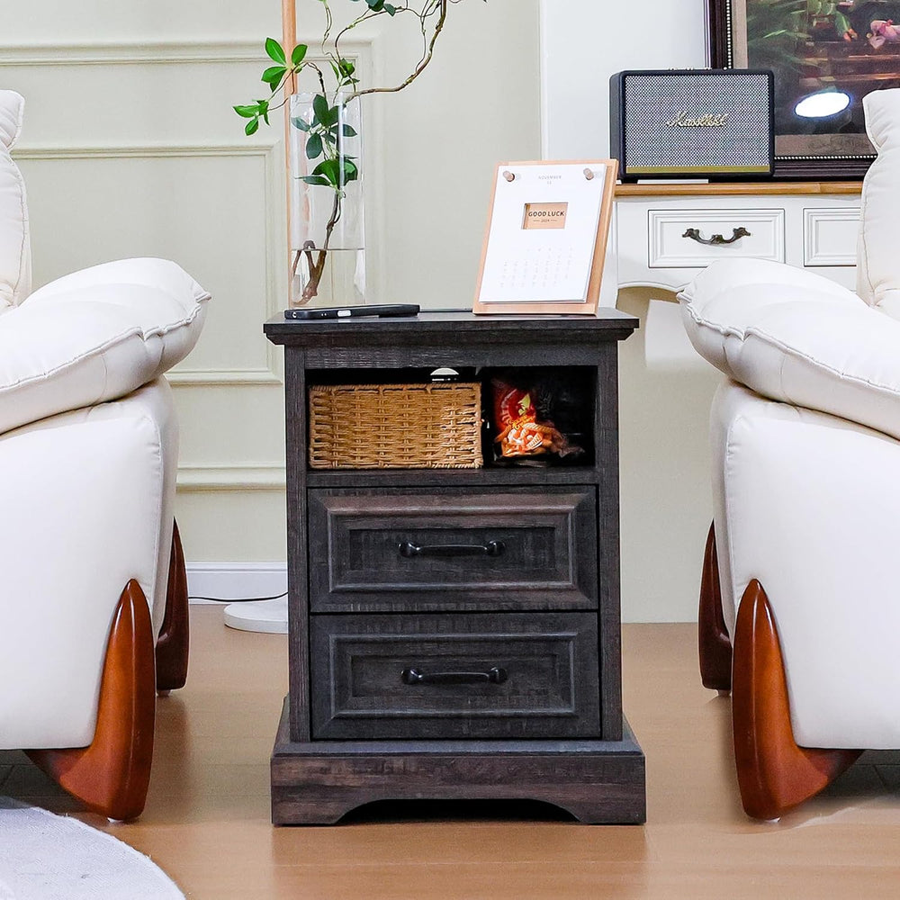 ALBAD Farmhouse Nightstand with Charging Station Rustic Bedside Table with 2 ...
