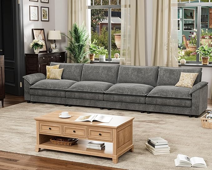 Homall 159" Modular Sectional Sofa, Linear Sofa Couch with Double-Layer Cushion, DIY Combination Chenille Deep 4-Seat Cloud Couch for Living Room, Apartment (Light Grey, Linear Sofa)