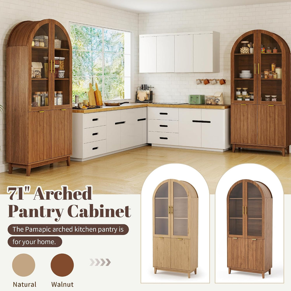 Pamapic 71" Tall Arched Cabinet, Fluted Kitchen Pantry with Glass Doors ...