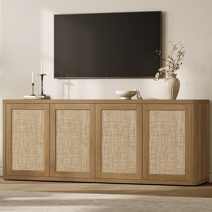 SICOTAS Rattan TV Stand for 65 70 inch TV - Large Entertainment Center TV Consoles for Living Room Bedroom, Farmhouse Television Stands with Storage Cabinet Boho Modular Media Console, Amber Oak