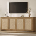 SICOTAS Rattan TV Stand for 65 70 inch TV - Large Entertainment Center TV Consoles for Living Room Bedroom, Farmhouse Television Stands with Storage Cabinet Boho Modular Media Console, Amber Oak