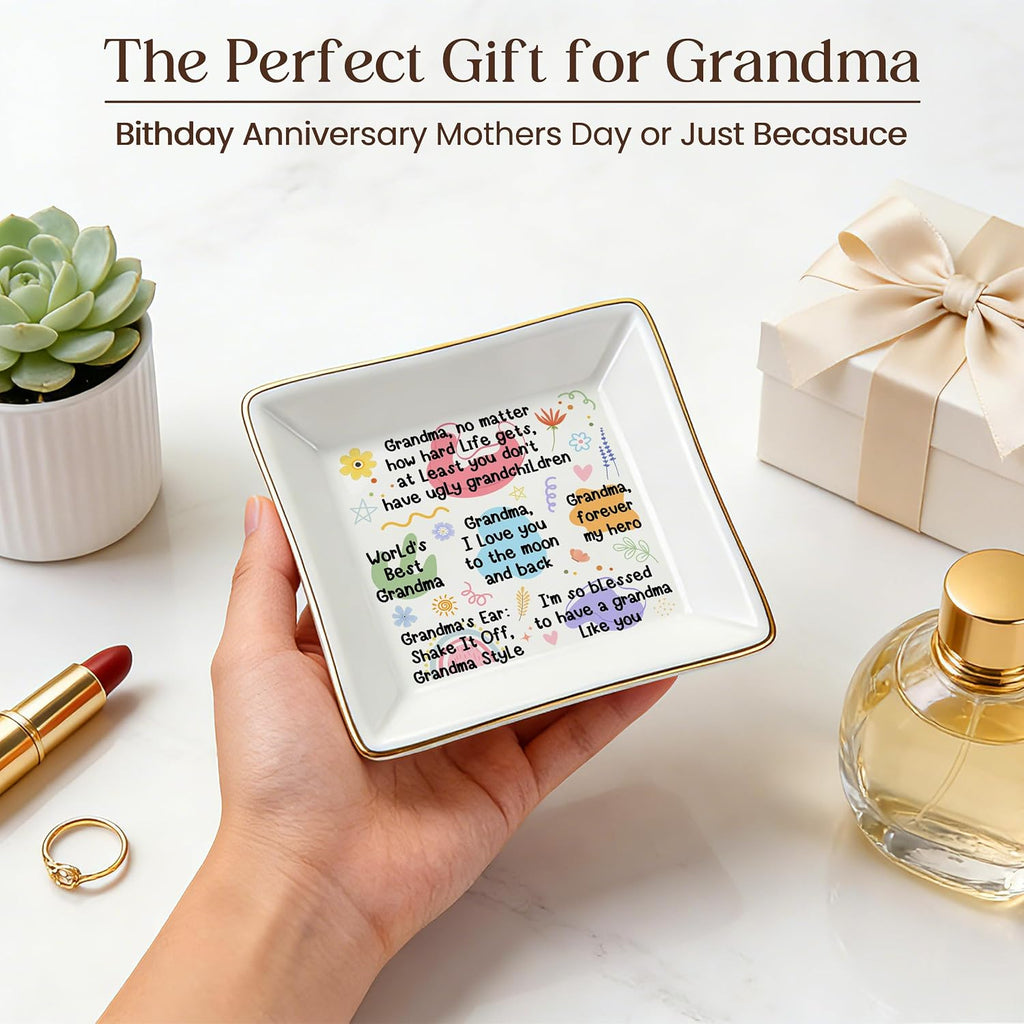 PUDDING CABIN Best Grandma Gifts from Grandchildren: Ceramic Ring Dish - Blessed to have a grandma like you - Gift for Grandma Mothers Day, Birthday, Christmas & Wedding