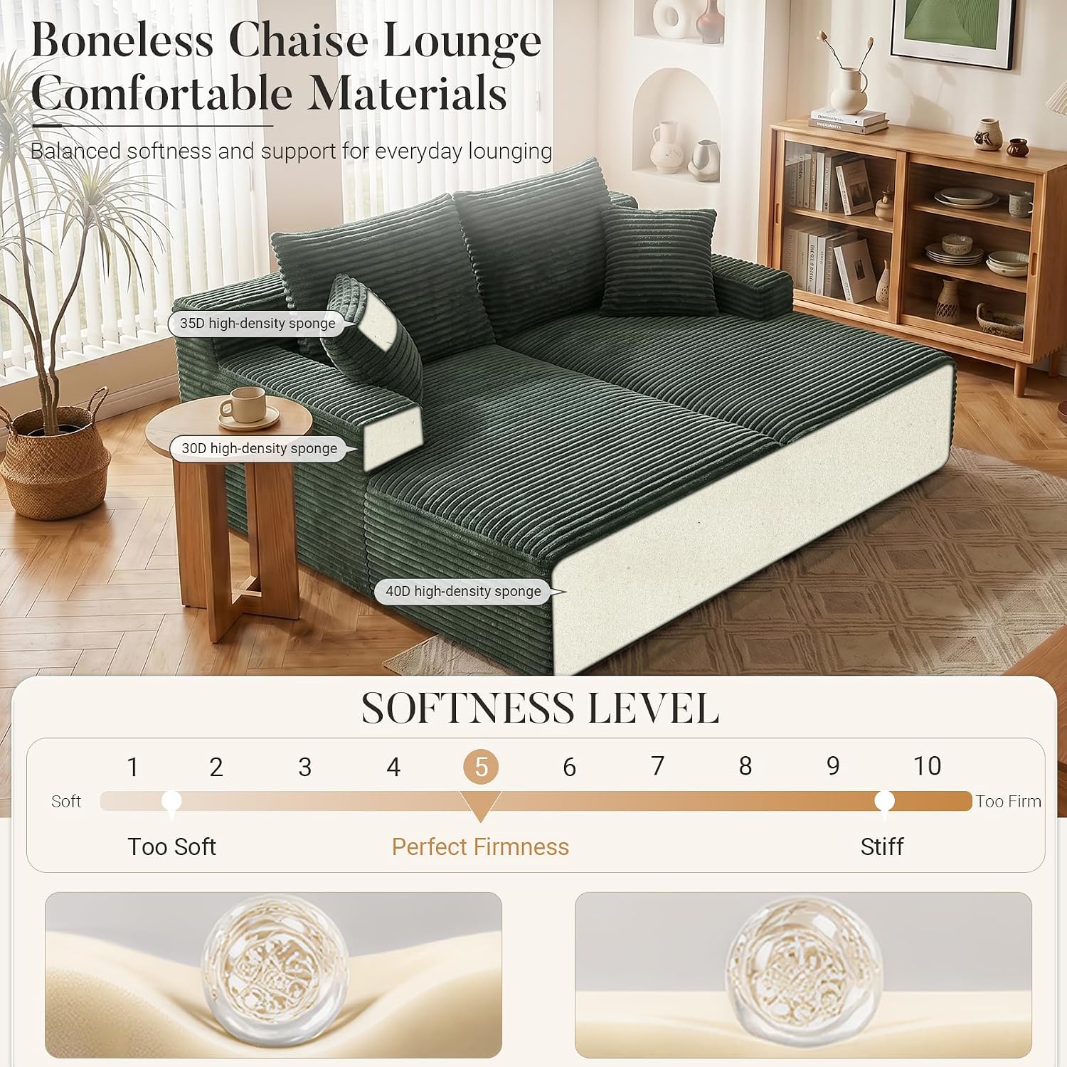 80" Boneless Chaise Lounge Chair Indoor, Double Chaise Lounge Chairs Indoor,Boneless Loveseat Chairs with Comfort Corduroy, No Assembly Required/40D Memory Foam/Living Room/Bedroom (Green)