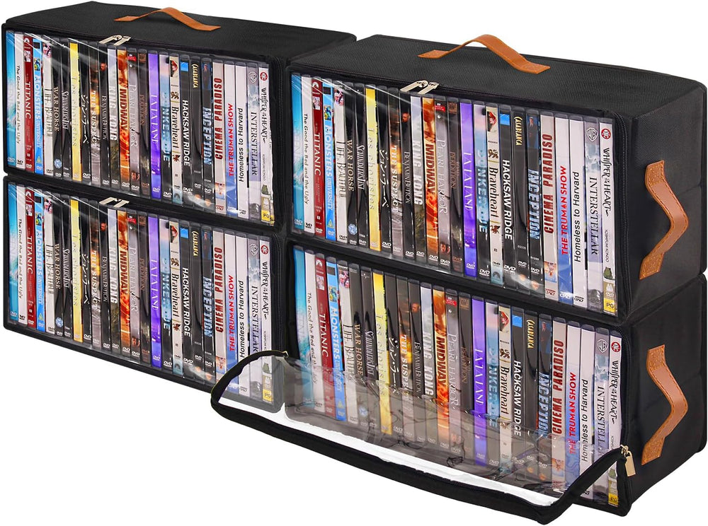 4 Pack DVD Storage Box, Stackable Oxford Fabric DVD Cases Holder with Front Z...