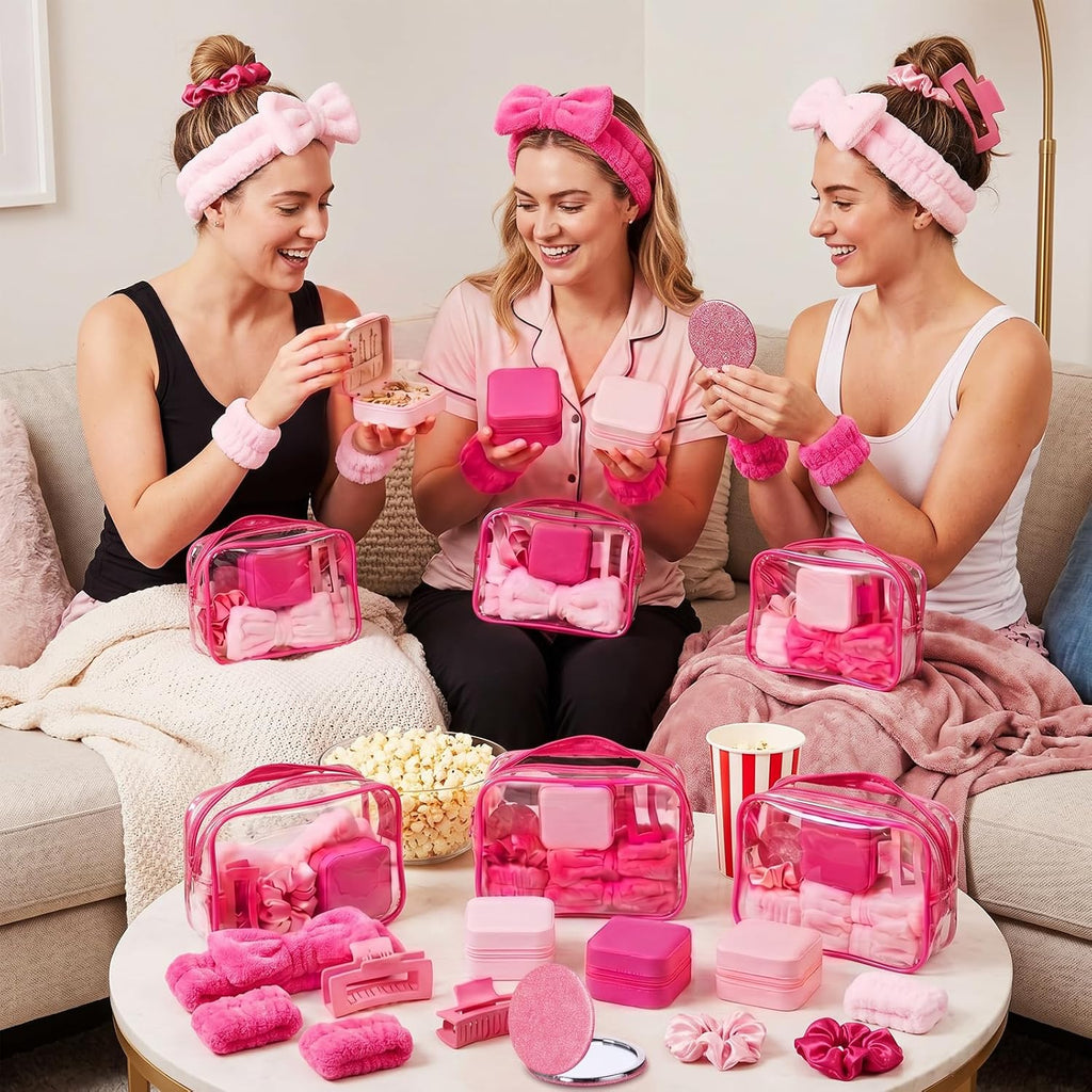 48 Pcs Sleepover Party Supplies Kit Bridesmaid Proposal Gifts Slumber Birthday Spa Party Favors Bow Headband Scrunchies Jewelry Case Makeup Bag Mirror for Gifts (Pink and Rose Red)