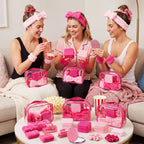 48 Pcs Sleepover Party Supplies Kit Bridesmaid Proposal Gifts Slumber Birthday Spa Party Favors Bow Headband Scrunchies Jewelry Case Makeup Bag Mirror for Gifts (Pink and Rose Red)