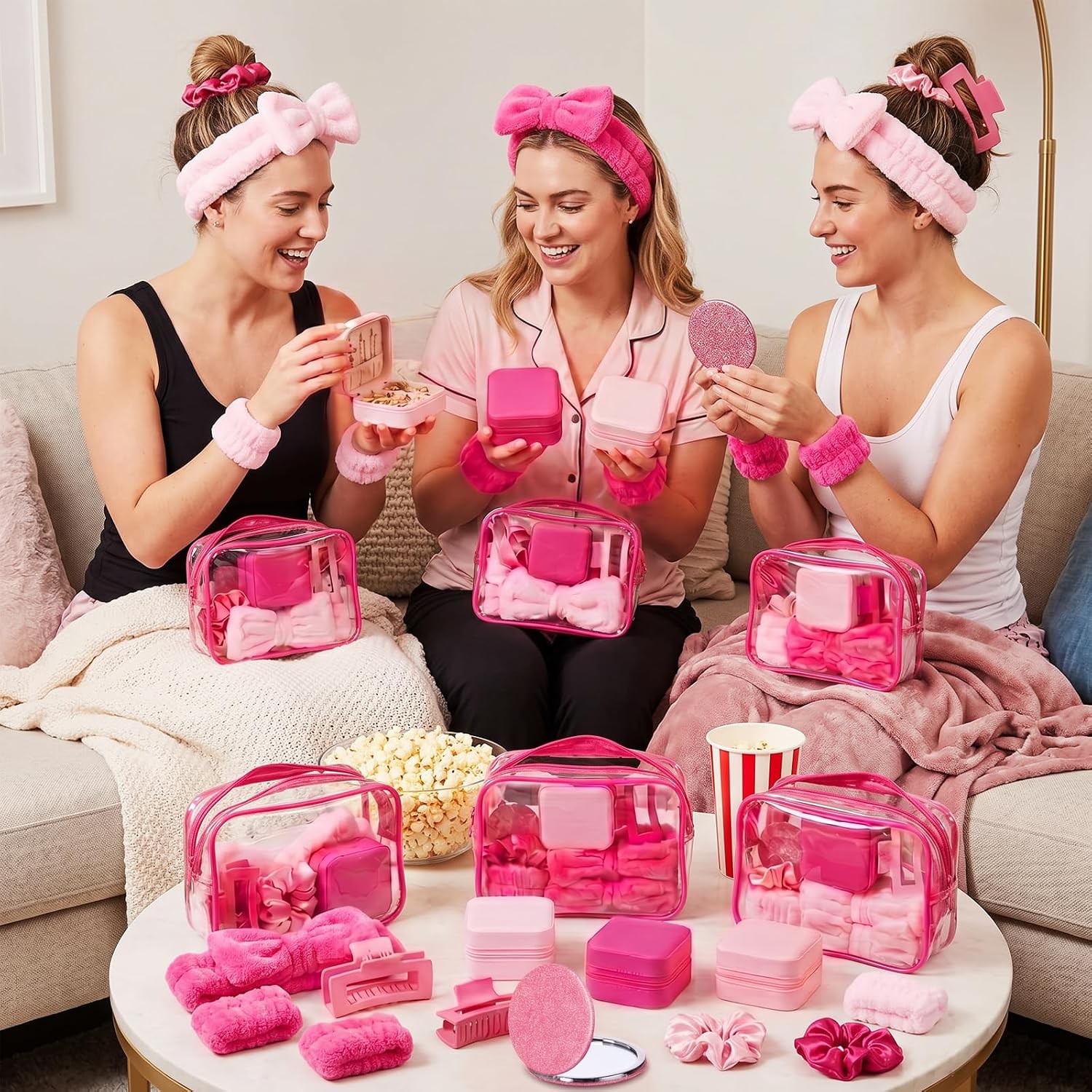 48 Pcs Sleepover Party Supplies Kit Bridesmaid Proposal Gifts Slumber Birthday Spa Party Favors Bow Headband Scrunchies Jewelry Case Makeup Bag Mirror for Gifts (Pink and Rose Red)