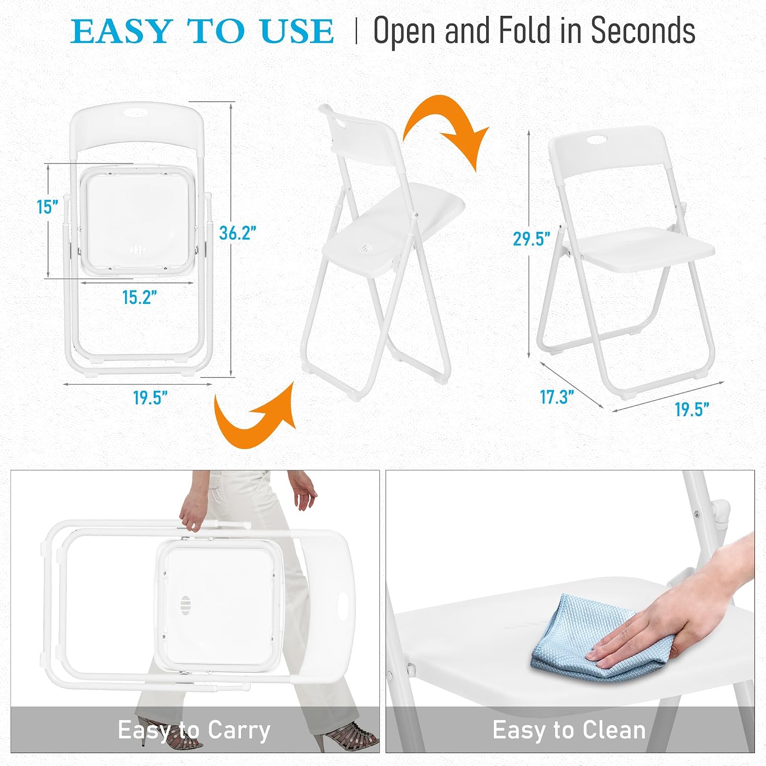 40 Pack White Plastic Folding Chairs, Indoor Outdoor Portable Stackable Commercial Seats with Steel Frame for Home Office Wedding Party Events Kitchen Dining, 350lb Capacity