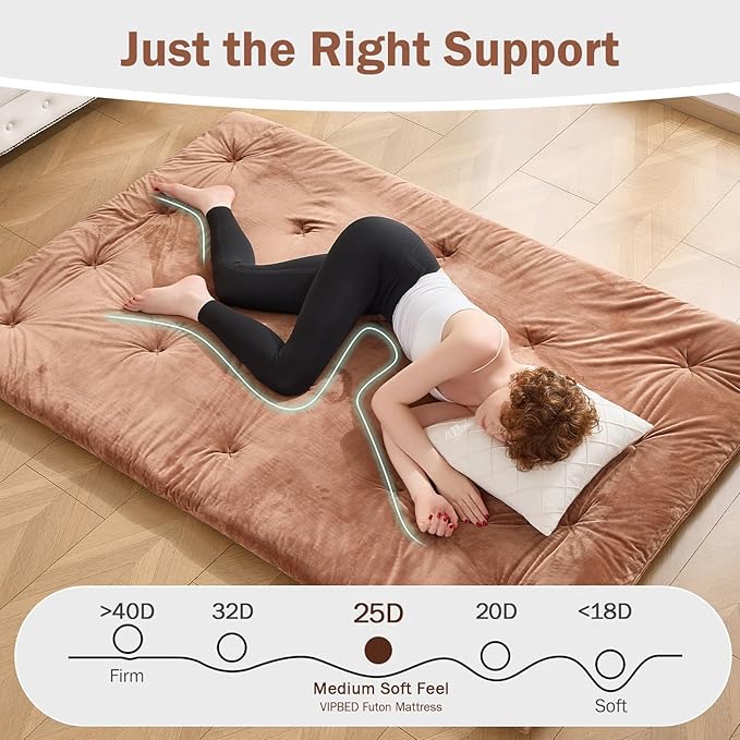 Japanese Floor Futon Mattress Twin Size 38"x 80", 2.5'' Thick Foldable Roll Up Floor Bed Sleeping Pad, 25D Foam Filled Tatami Mat with Straps for Guest Room, Dormitory & Camping, Brown