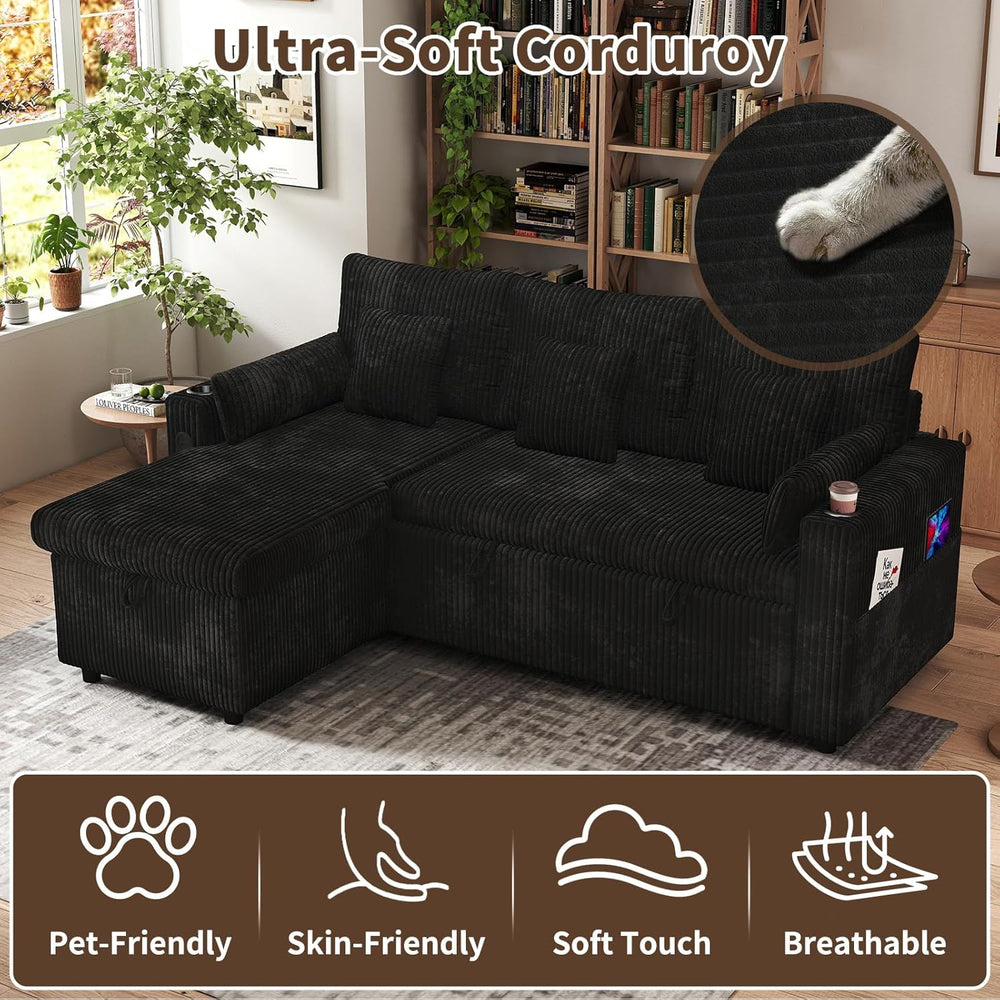 3 in 1 Pull Out Couch, Corduroy L Shaped Couch Sleeper Sofa Bed, Black | Reve...