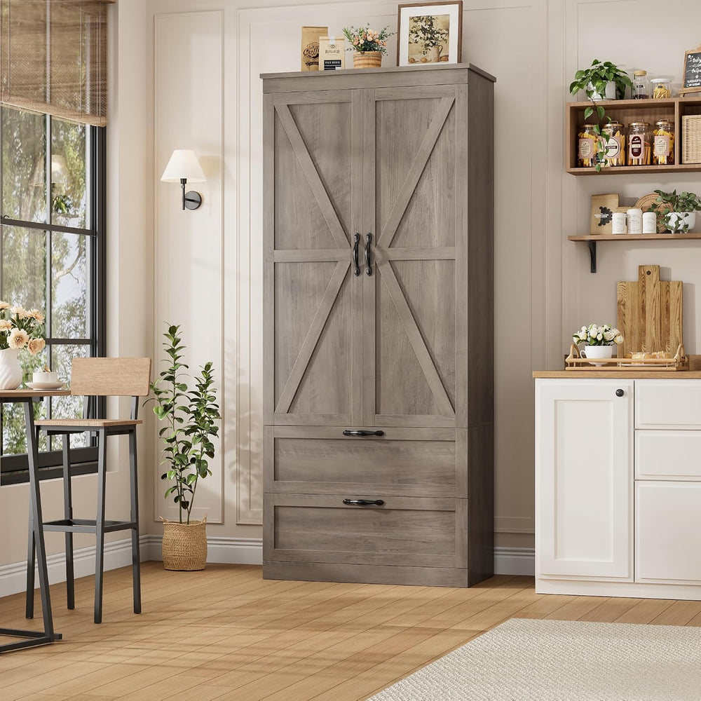 HOSTACK 70" Tall Kitchen Pantry Storage, Barn Doors Pantry Cabinet with ...
