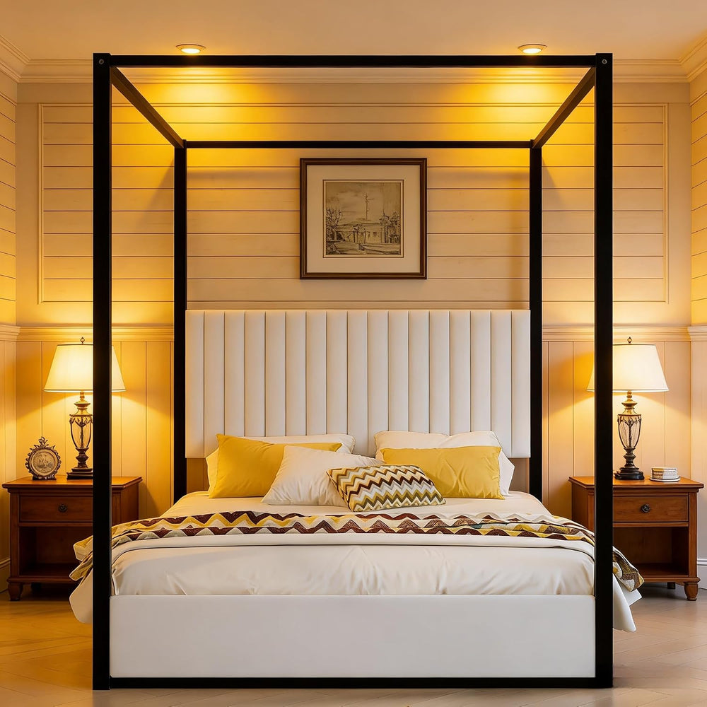 LUMISOL Queen Size Upholstered Canopy Bed, 4-Poster Platform Bed with Tall He...