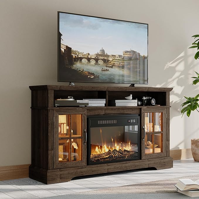 58" Farmhouse TV Stand with 23" Fireplace for TVs up to 80", Media Entertainment Center with Adjustable Shelves and Large Storage Cabinets, for Living Room, Brown & Black