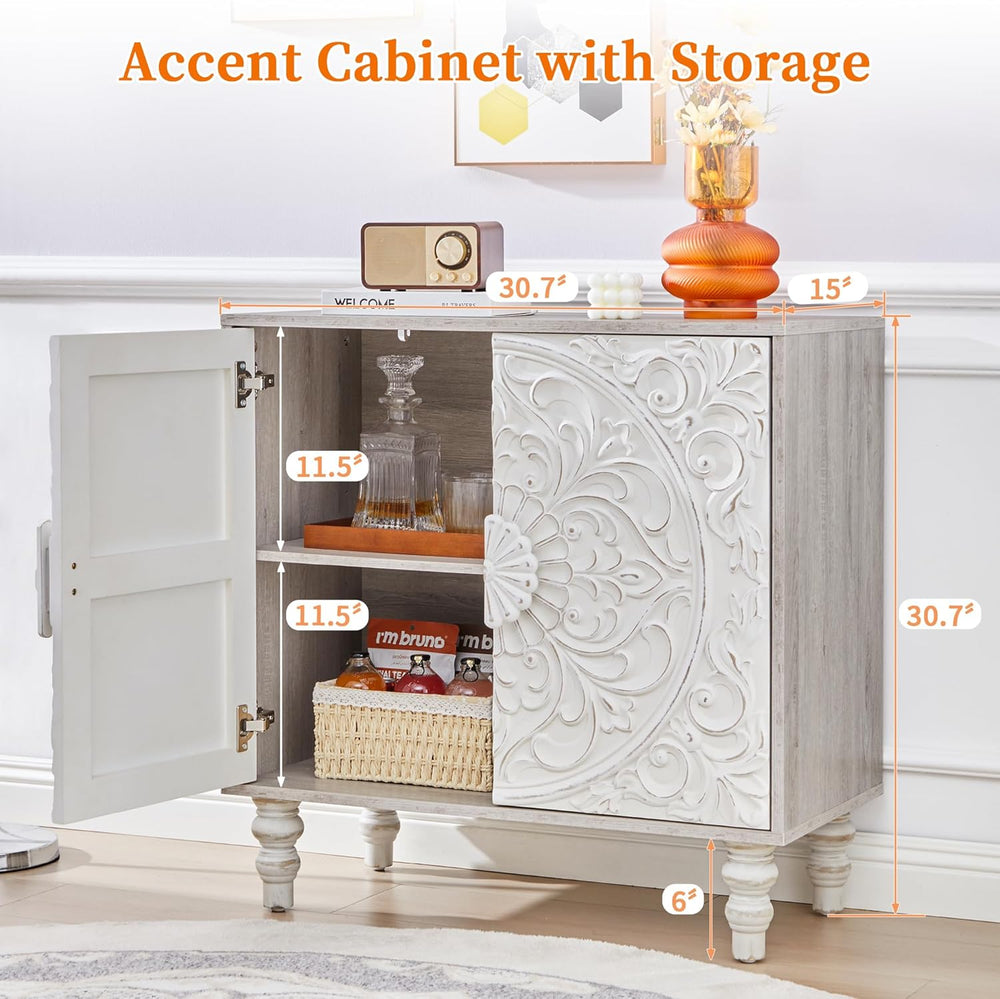 White Distressed Carved Accent Cabinet,2 Door Vintage Storage Sideboard