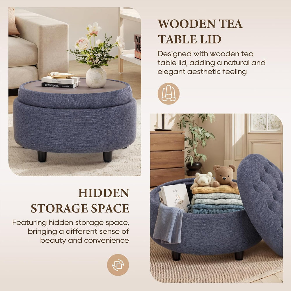 COLAMY Fabric Round Storage Ottoman with Reversible Tray Lid – Multi-Function...