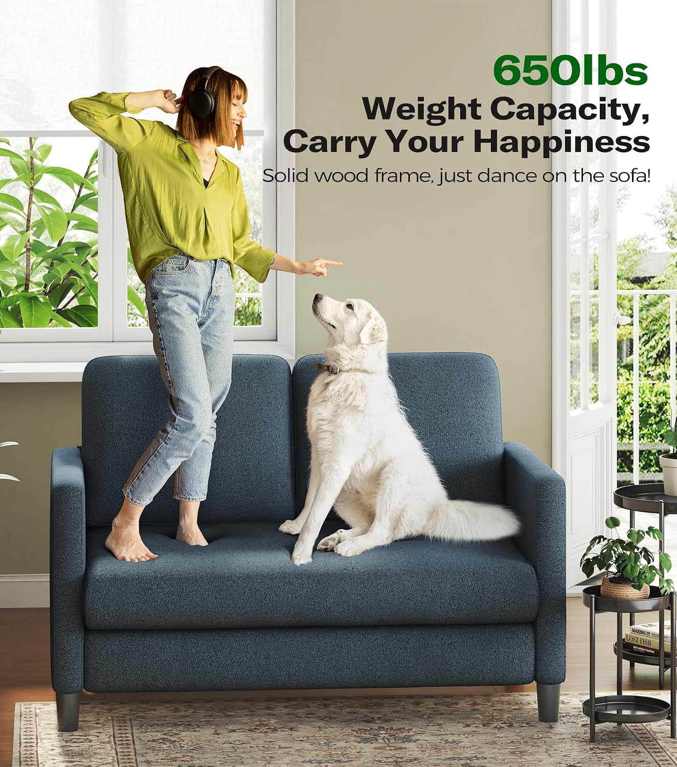 Welzona Loveseat, 51" Small Couch, Comfy Teddy Love Seat for Living Room, Tool-Free Setup Loveseat Sofa for Small Spaces, All-Wood Small Sofa Couch for Bedroom, Blue Grey