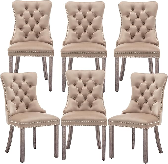 Mid Century Modern Dining Chair Set of 6 Velvet Upholstered Dining Accent Chair Farmhouse Dining Chairs with High Back and Nailhead Trim for Kitchen, Living Room, Bedroom (Khaki)