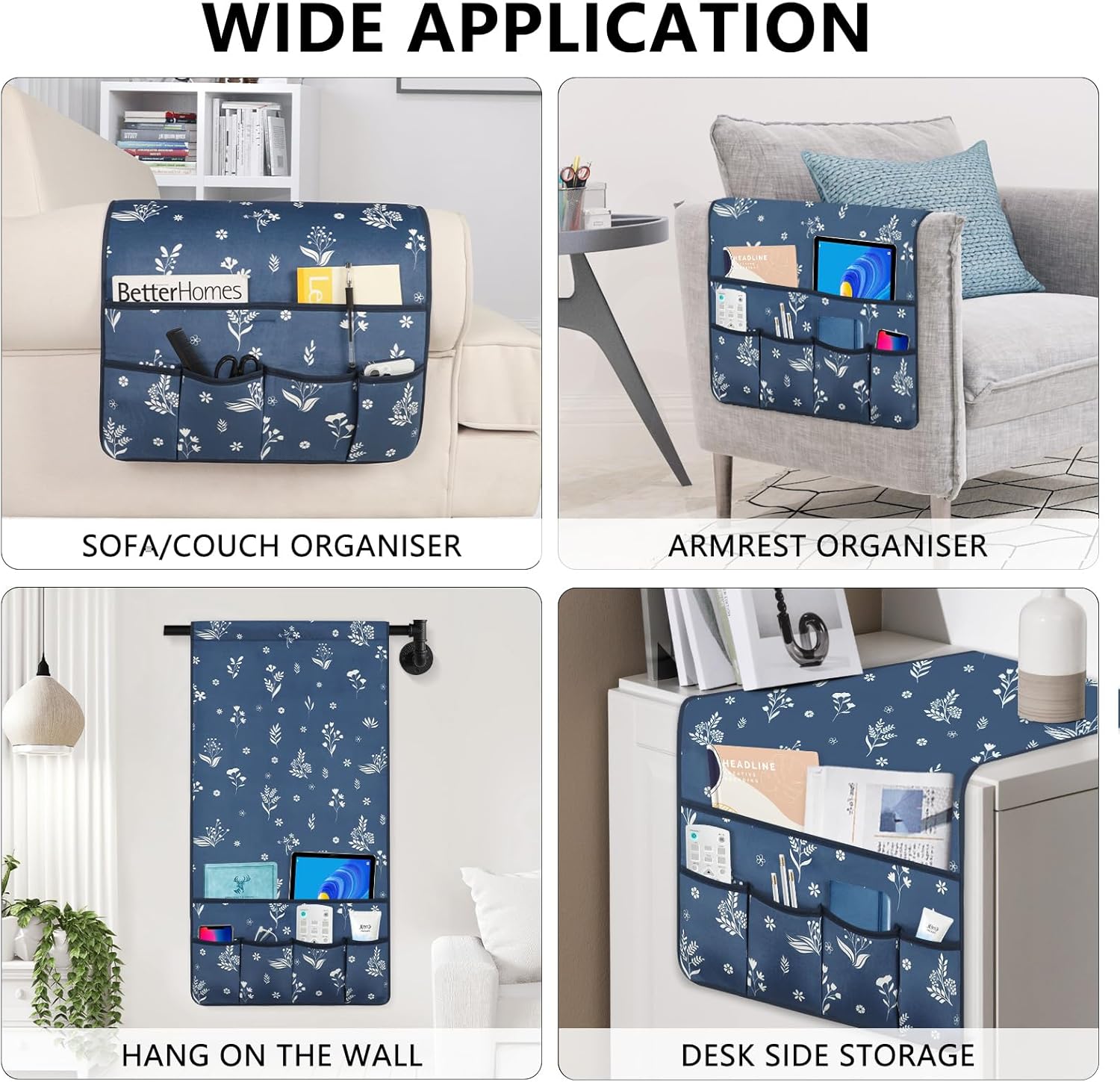 Remote Control Holder for Armchair，Couch Caddy Organizer TV Remote Holder for Bed Storage 5 Pockets，Remote Caddy Bedside Organizer Bedside Table Organizer (Blue, 35''x18'')