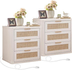 LEYAOYAO Rattan Night Stand Set of 2 with Charger Station, 23" Large 3 Drawer Boho Nightstand, Grey White Bedside Table Storage Cabinet, Bed Side End Tables for Bedroom, Living Room, Hallway