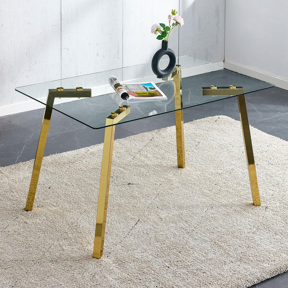 51" Glass Dining Table Set 4 with Gold Metal Leg