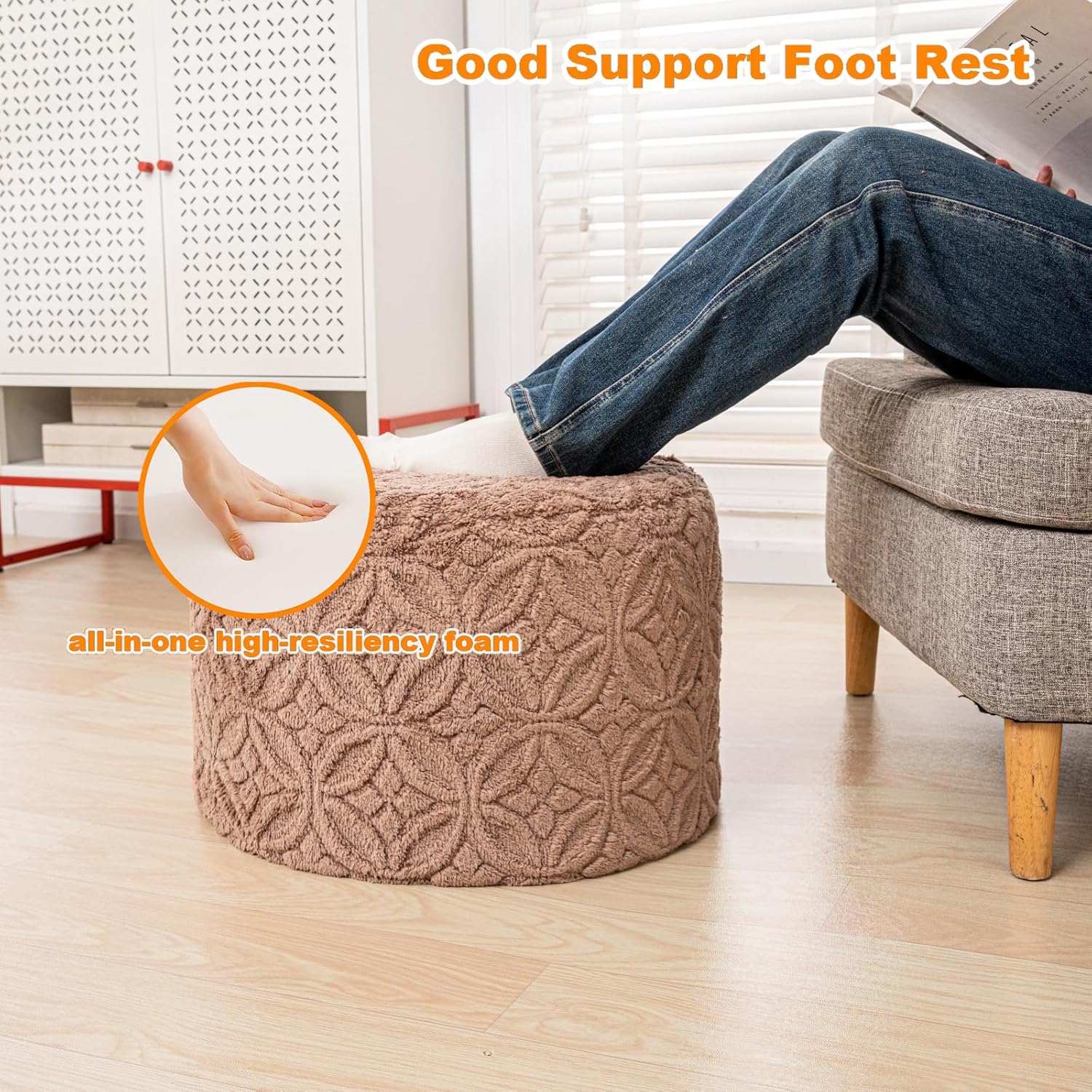 Plush Multi-Functional Ottoman Pouf Foot Rest, Coffee | Ergonomic Foot Rest, Space-Saving Design, Perfect Under Desks, Couches & Sofas