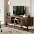 Mid Century TV Stand for TVs up to 80 Inches, Entertainment Center with Storage, Power Outlet, Fluted Sliding Doors & Adjustable Shelves, Modern Media TV Console Table for Living Room (Walnut)