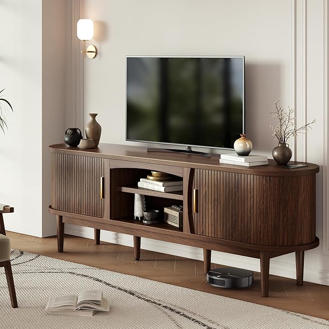 Mid Century TV Stand for TVs up to 80 Inches, Entertainment Center with Storage, Power Outlet, Fluted Sliding Doors & Adjustable Shelves, Modern Media TV Console Table for Living Room (Walnut)