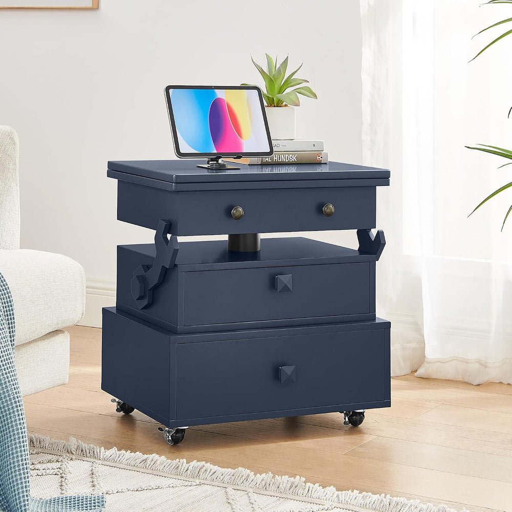 High Gloss Rolling Lift Top End Table with Charging Station, Height Adjustabl...