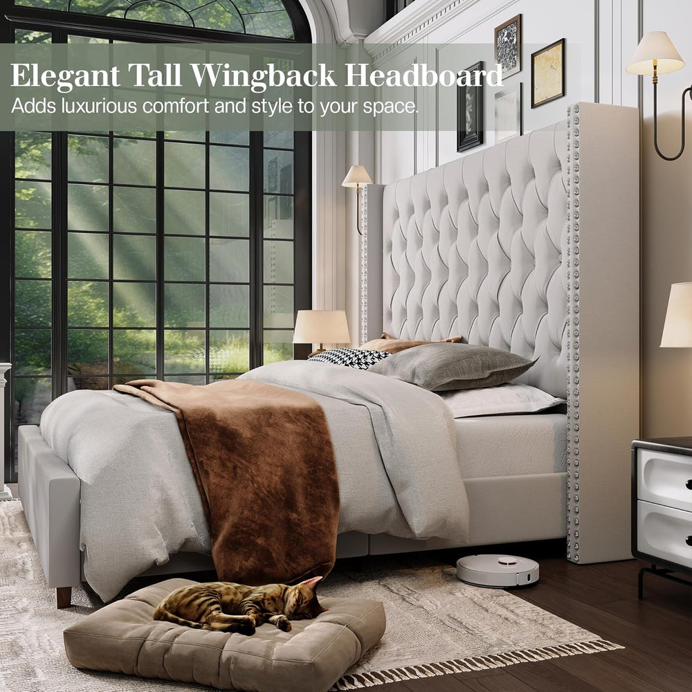 Jocisland Queen Bed Frame 61.4" Tall Headboard Velvet upholstered,Cream