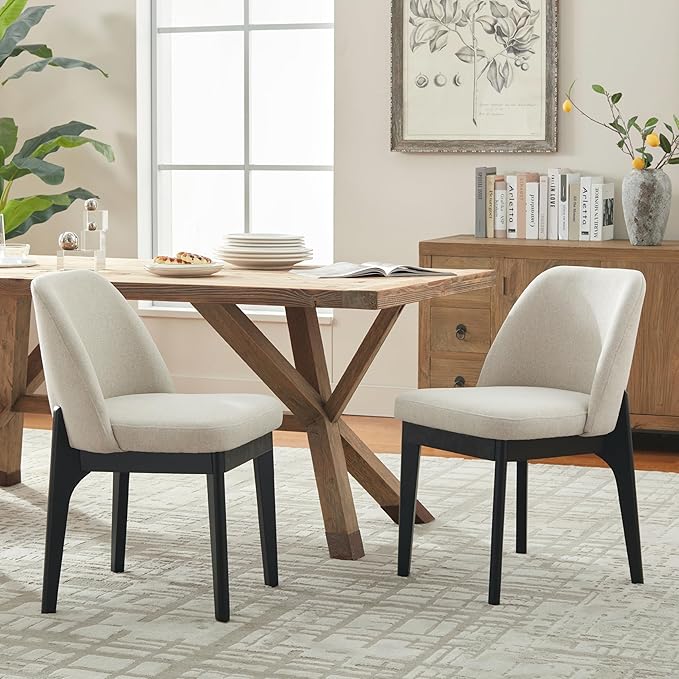 VKNOW Wooden Dining Chairs Set of 6, Upholstered Dining Room Chairs with Rubberwood Legs and Padded Seats, Kitchen Chairs for Restaurant Kitchen Living Room, Khaki