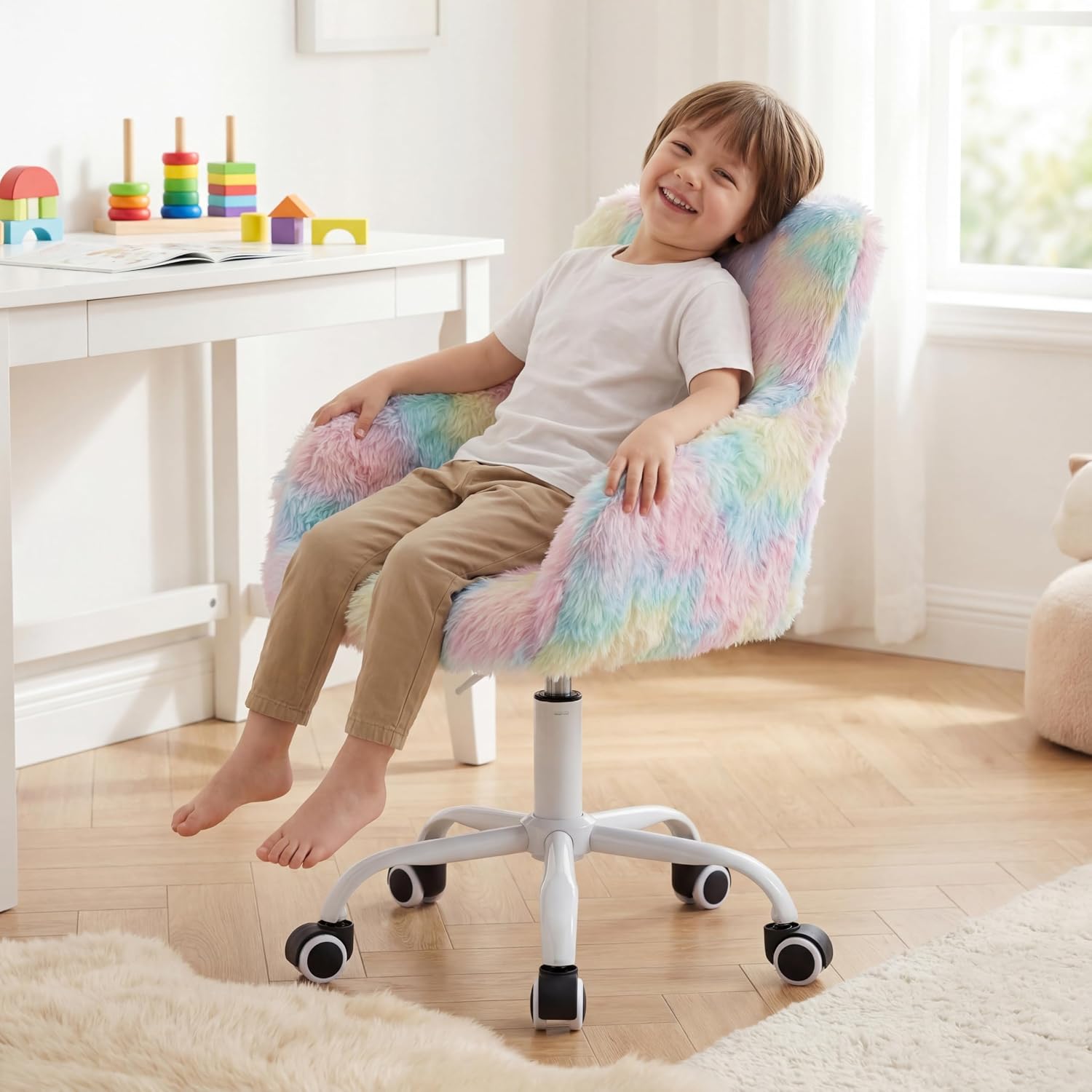 LukeAlon Kids Adjustable Desk Chair, Furry Study Chair with Swivel Base, Cute Faux Fur Reading Chair, Comfy Upholstered Computer Chair with Arms for Girls Children, Light Colorful