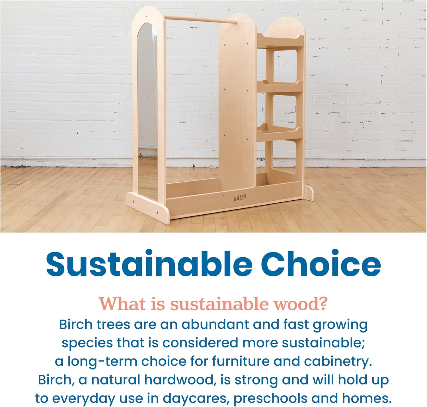 ECR4Kids Dress-Up Center with Mirror, Costume Organizer, Montessori Furniture, Natural